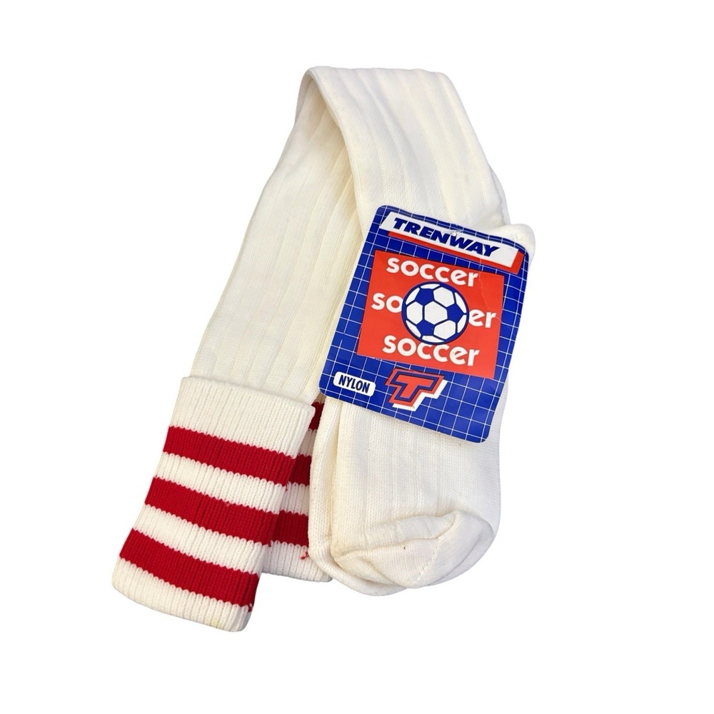 New Vintage Trenway Soccer Socks Tall Tube White Red Stripes Made In USA NOS